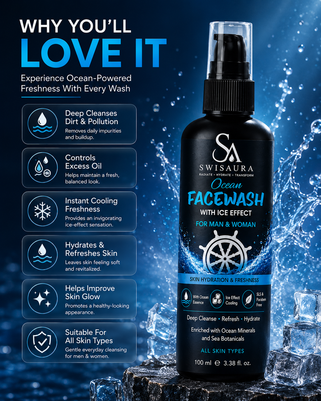 Ocean Facewash with Ice Effect — Pack of 2 | 100ml Each | For Men & Women