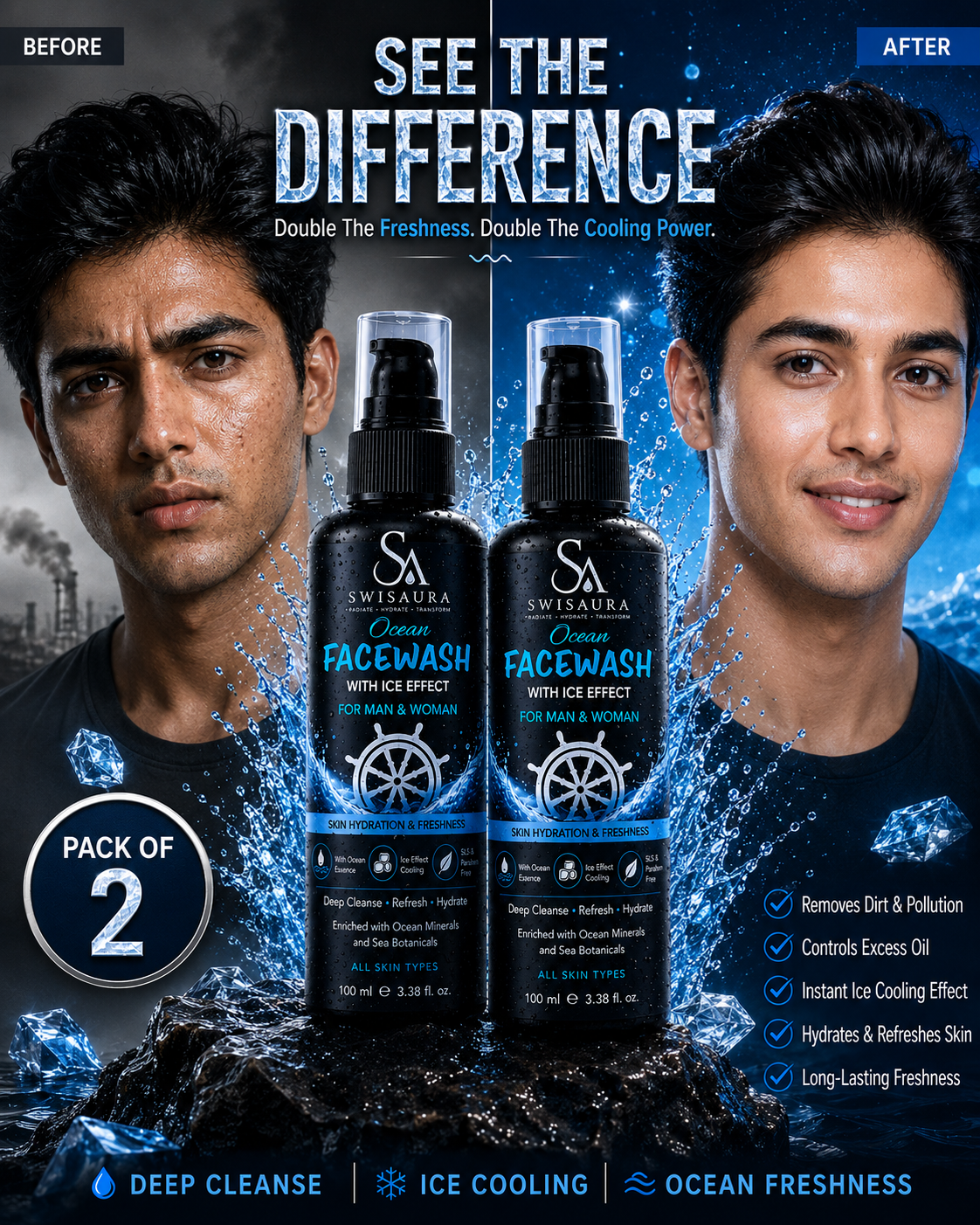 Ocean Facewash with Ice Effect — Pack of 2 | 100ml Each | For Men & Women