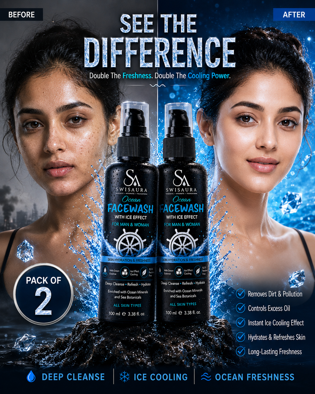 Ocean Facewash with Ice Effect — Pack of 2 | 100ml Each | For Men & Women
